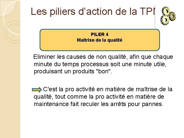 Les piliers d’action de la TPM: PILER 4 Maîtrise de la qualité Eliminer les