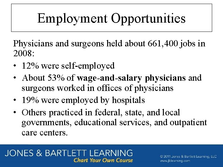 Employment Opportunities Physicians and surgeons held about 661, 400 jobs in 2008: • 12%