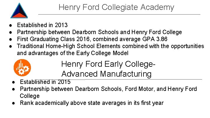 Henry Ford Collegiate Academy ● ● Established in 2013 Partnership between Dearborn Schools and