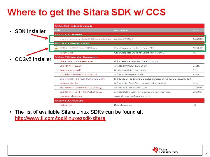 Where to get the Sitara SDK w/ CCS • SDK Installer • CCSv 5