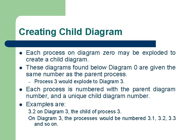 Creating Child Diagram l l Each process on diagram zero may be exploded to