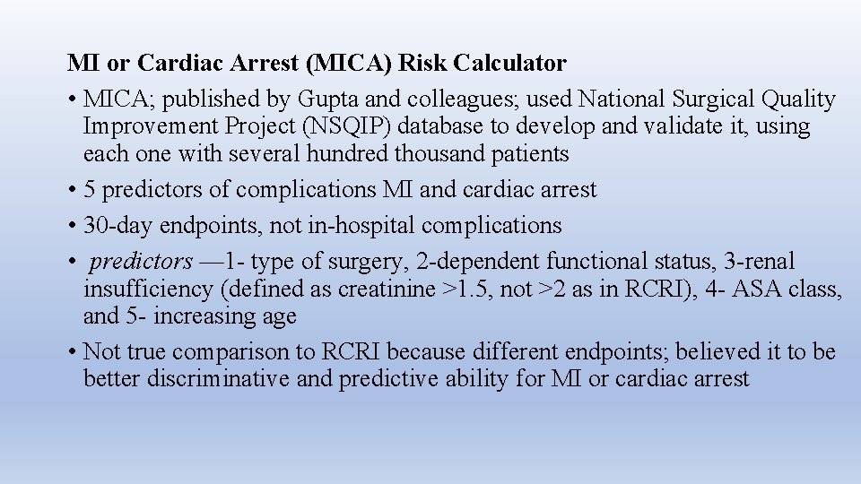 MI or Cardiac Arrest (MICA) Risk Calculator • MICA; published by Gupta and colleagues;