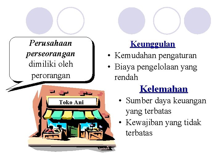 Perusahaan perseorangan dimiliki oleh perorangan Keunggulan • Kemudahan pengaturan • Biaya pengelolaan yang rendah