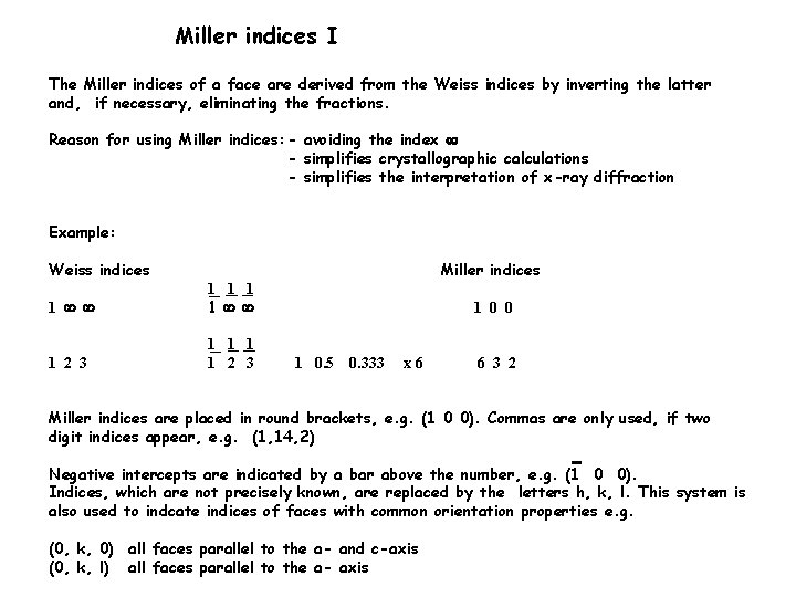 Miller indices I The Miller indices of a face are derived from the Weiss