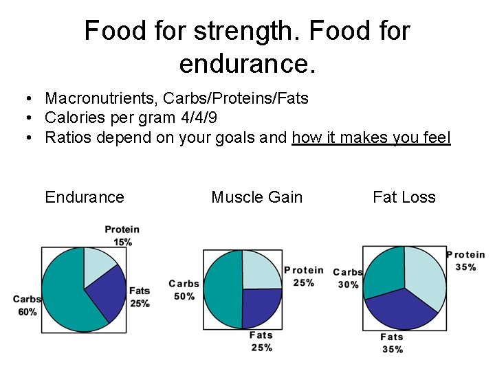 Food for strength. Food for endurance. • Macronutrients, Carbs/Proteins/Fats • Calories per gram 4/4/9