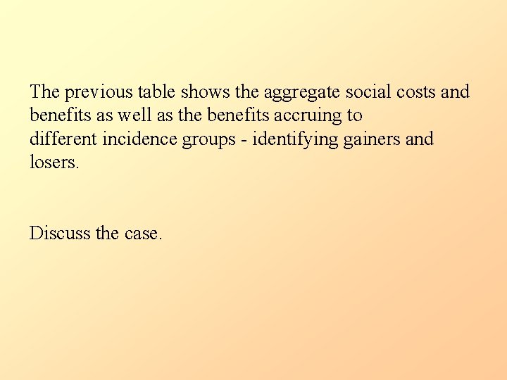 The previous table shows the aggregate social costs and benefits as well as the