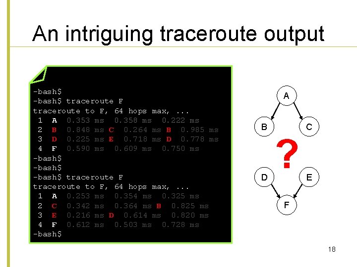 An intriguing traceroute output -bash$ traceroute F traceroute to F, 64 hops max, .