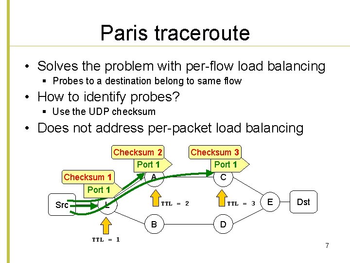 Paris traceroute • Solves the problem with per-flow load balancing § Probes to a