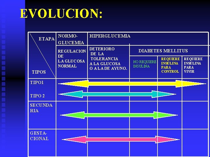 EVOLUCION: ETAPA TIPOS TIPO 1 TIPO 2 SECUNDA RIA GESTACIONAL NORMOGLUCEMIA HIPERGLUCEMIA DETERIORO REGULACION