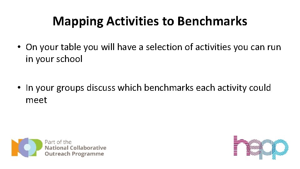 Mapping Activities to Benchmarks • On your table you will have a selection of