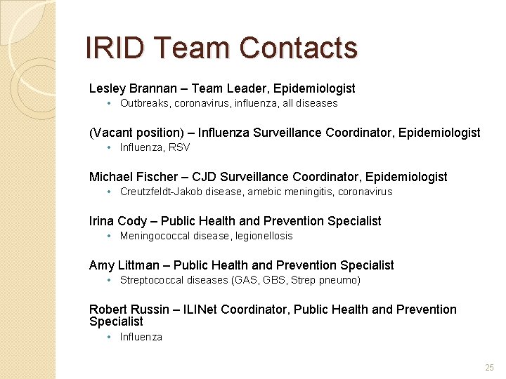 IRID Team Contacts Lesley Brannan – Team Leader, Epidemiologist • Outbreaks, coronavirus, influenza, all