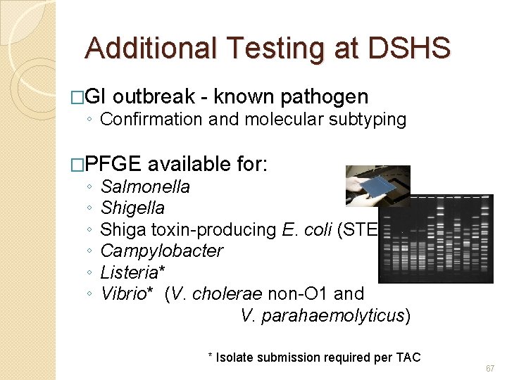 Additional Testing at DSHS �GI outbreak - known pathogen ◦ Confirmation and molecular subtyping