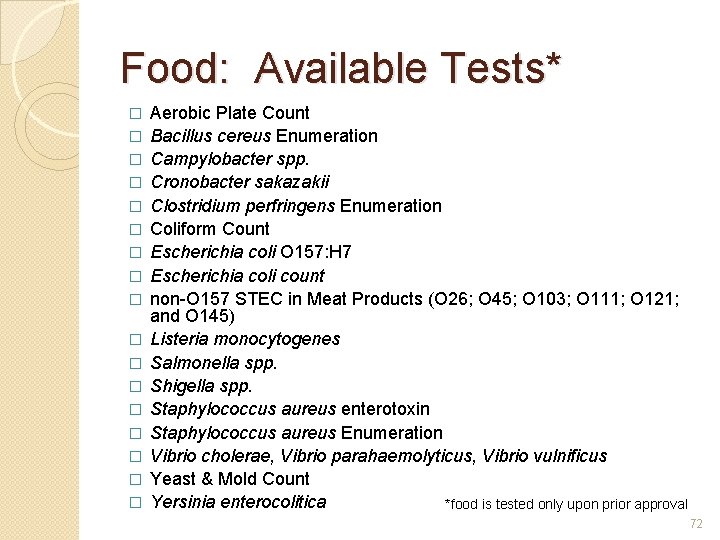 Food: Available Tests* � � � � � Aerobic Plate Count Bacillus cereus Enumeration