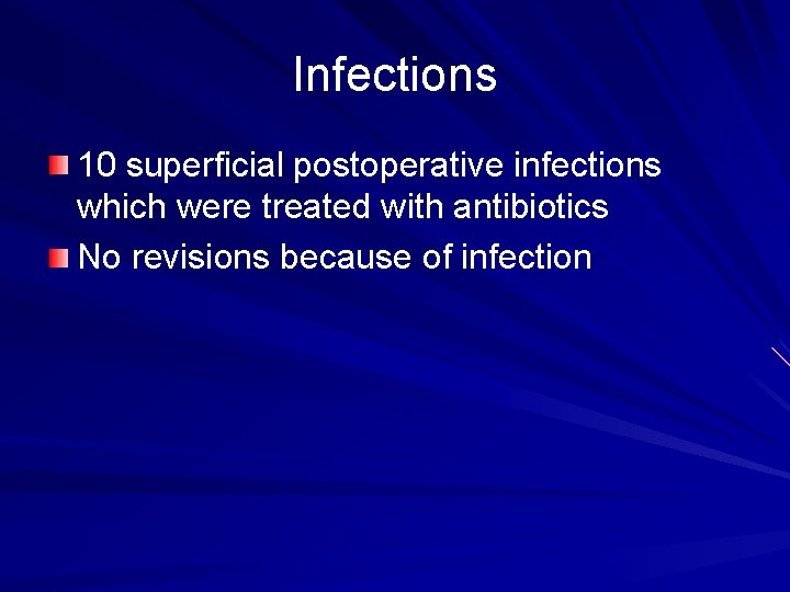 Infections 10 superficial postoperative infections which were treated with antibiotics No revisions because of