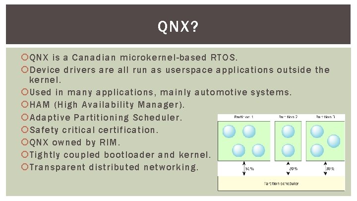 QNX? QNX is a Canadian microkernel-based RTOS. Device drivers are all run as userspace