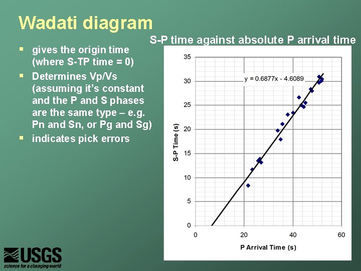 Wadati diagram § § § S-P time against absolute P arrival time gives the