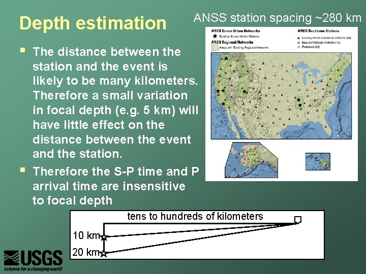 Depth estimation § § ANSS station spacing ~280 km The distance between the station