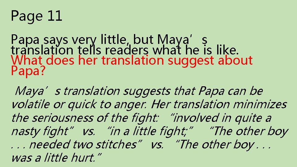 Page 11 Papa says very little, but Maya’s translation tells readers what he is