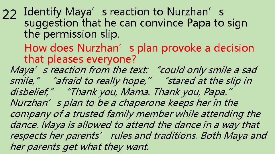 22 Identify Maya’s reaction to Nurzhan’s suggestion that he can convince Papa to sign