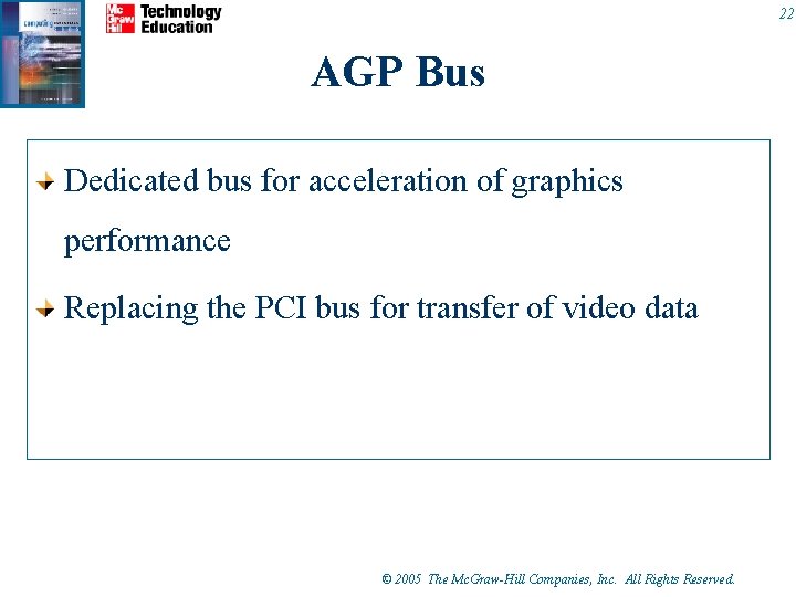 22 AGP Bus Dedicated bus for acceleration of graphics performance Replacing the PCI bus 22 AGP Bus Dedicated bus for acceleration of graphics performance Replacing the PCI bus
