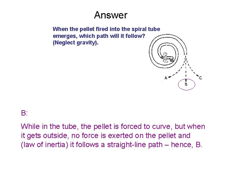 Answer When the pellet fired into the spiral tube emerges, which path will it