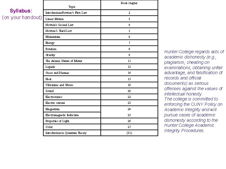 Book chapter Syllabus: (on your handout) Topic Introduction/Newton’s First Law 2 Linear Motion 3