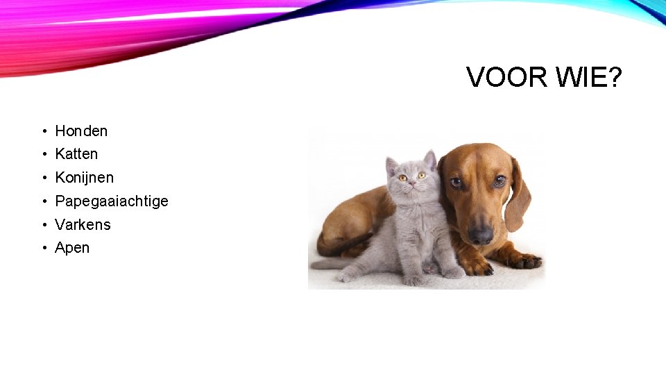 VOOR WIE? • Honden • Katten • Konijnen • Papegaaiachtige • Varkens • Apen