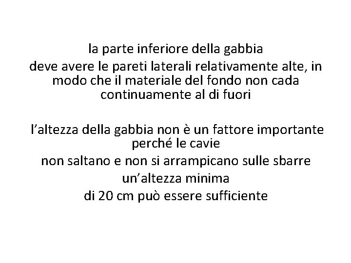 la parte inferiore della gabbia deve avere le pareti laterali relativamente alte, in modo