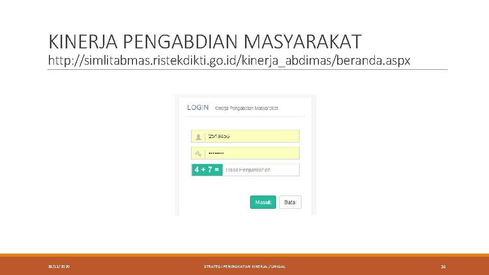 KINERJA PENGABDIAN MASYARAKAT http: //simlitabmas. ristekdikti. go. id/kinerja_abdimas/beranda. aspx 28/11/2020 STRATEGI PENINGKATAN KINERJA. .