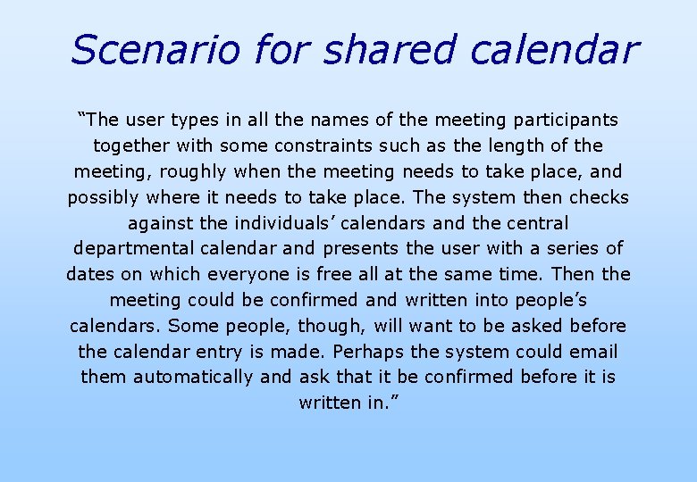 Scenario for shared calendar “The user types in all the names of the meeting