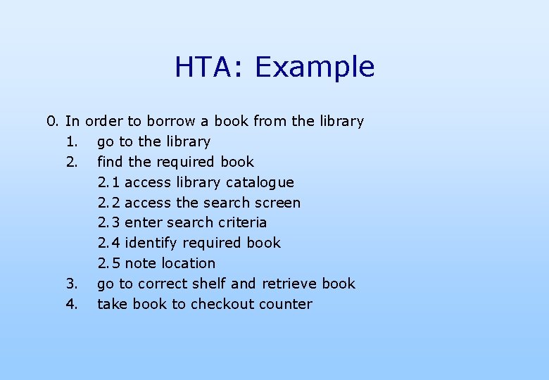 HTA: Example 0. In order to borrow a book from the library 1. go