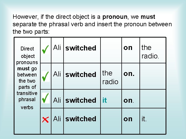 However, if the direct object is a pronoun, we must separate the phrasal verb