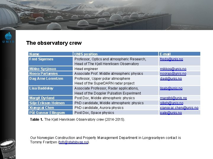 The observatory crew Name Fred Sigernes Mikko Syrjäsuo Noora Partamies Dag Arne Lorentzen Lisa