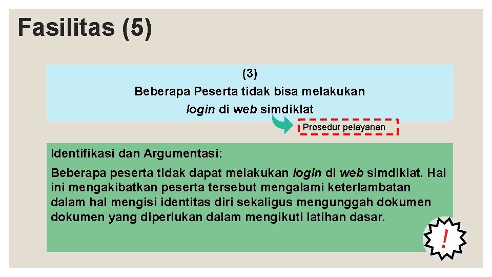 Fasilitas (5) (3) Beberapa Peserta tidak bisa melakukan login di web simdiklat Prosedur pelayanan