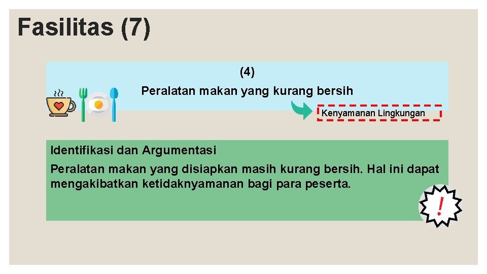 Fasilitas (7) (4) Peralatan makan yang kurang bersih Kenyamanan Lingkungan Identifikasi dan Argumentasi Peralatan