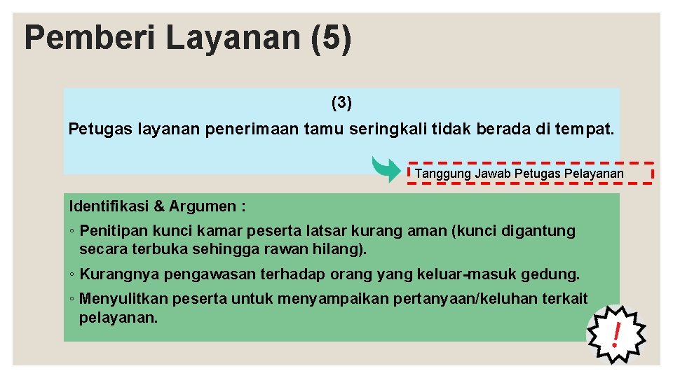 Pemberi Layanan (5) (3) Petugas layanan penerimaan tamu seringkali tidak berada di tempat. Tanggung