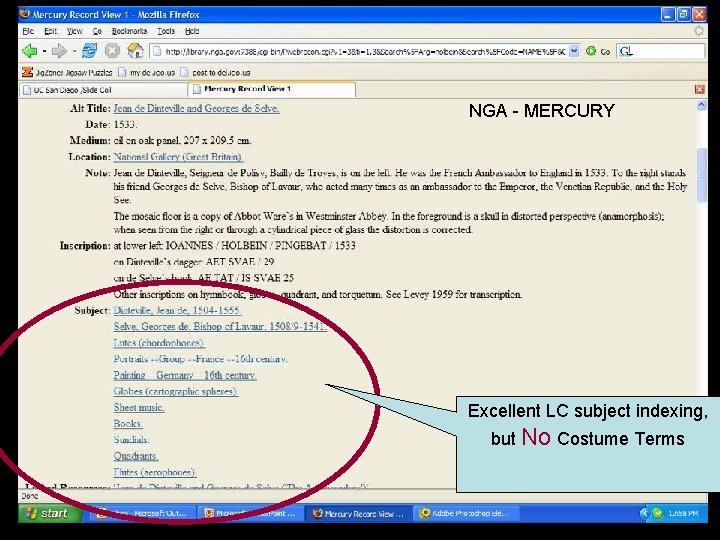 NGA - MERCURY Excellent LC subject indexing, but No Costume Terms 