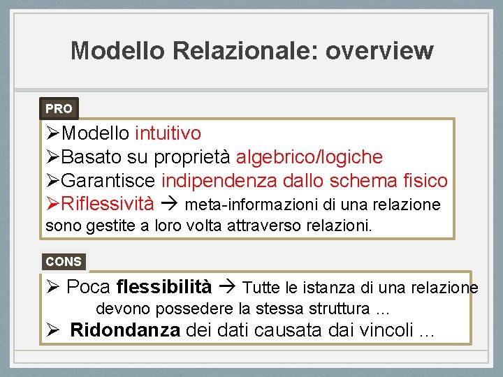 Modello Relazionale: overview PRO ØModello intuitivo ØBasato su proprietà algebrico/logiche ØGarantisce indipendenza dallo schema