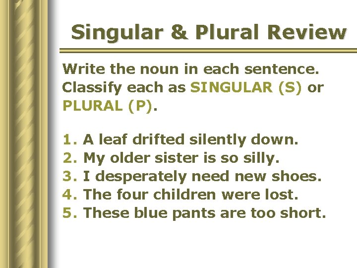 Singular & Plural Review Write the noun in each sentence. Classify each as SINGULAR