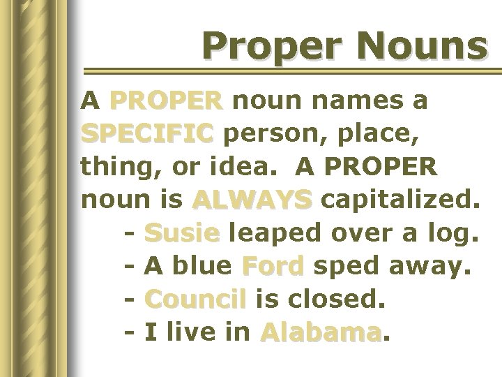 Proper Nouns A PROPER noun names a SPECIFIC person, place, thing, or idea. A