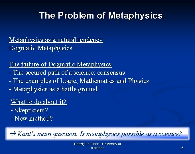 The Problem of Metaphysics as a natural tendency Dogmatic Metaphysics The failure of Dogmatic