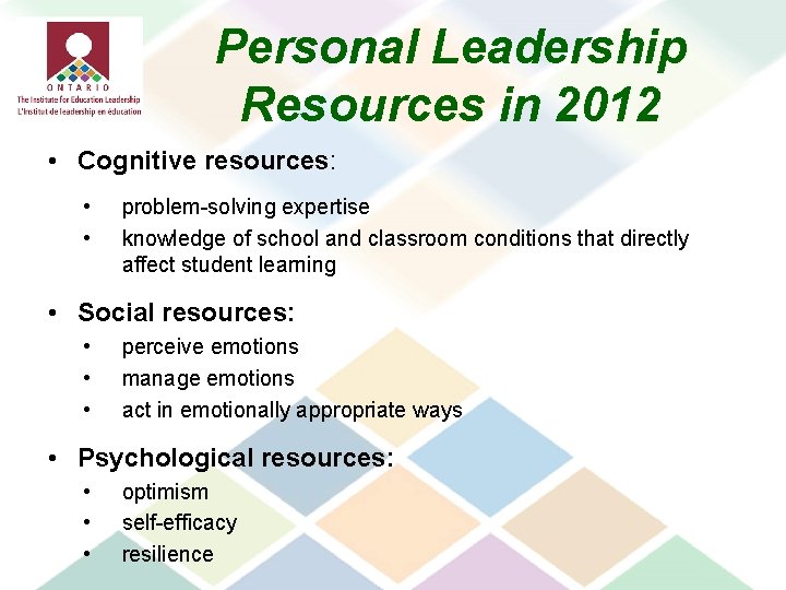 Personal Leadership Resources in 2012 • Cognitive resources: • • problem-solving expertise knowledge of