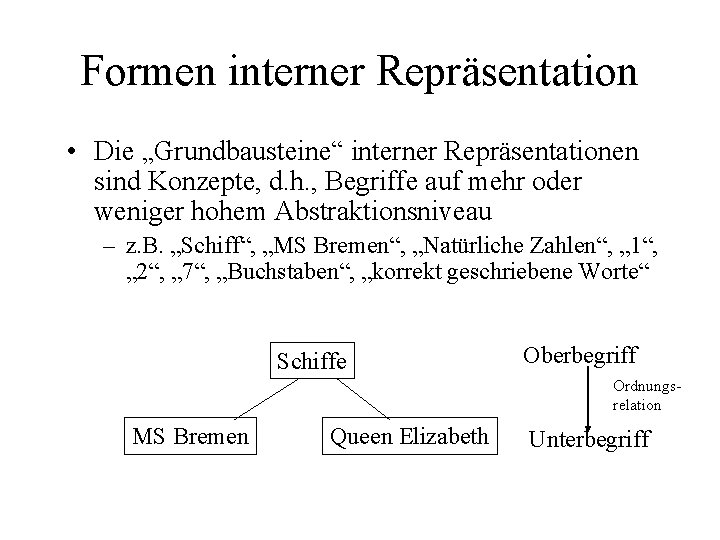 Formen interner Repräsentation • Die „Grundbausteine“ interner Repräsentationen sind Konzepte, d. h. , Begriffe