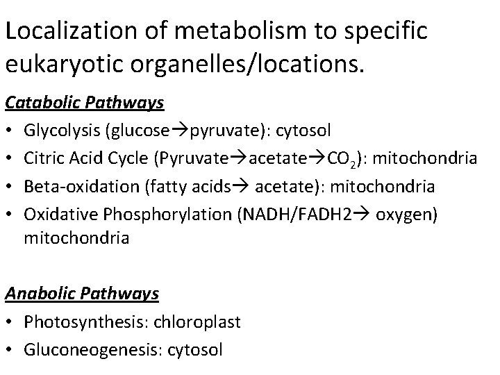 Localization of metabolism to specific eukaryotic organelles/locations. Catabolic Pathways • Glycolysis (glucose pyruvate): cytosol