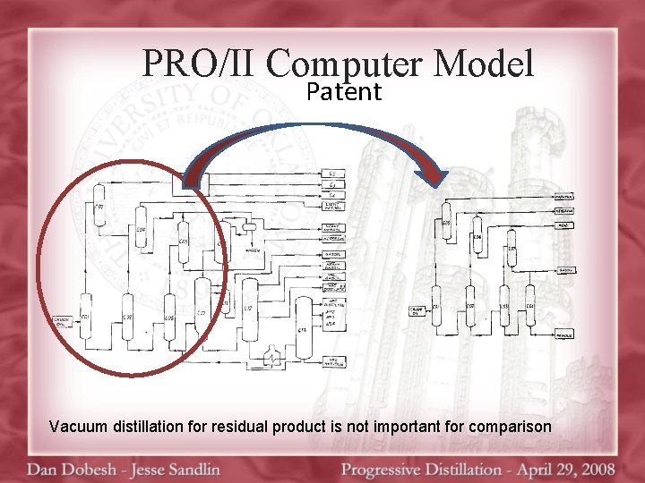 PRO/II Computer Model Patent Vacuum distillation for residual product is not important for comparison