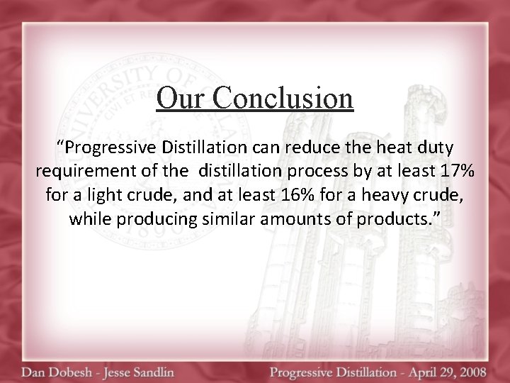Our Conclusion “Progressive Distillation can reduce the heat duty requirement of the distillation process