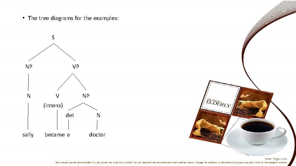  • The tree diagrams for the examples: S NP N VP V NP