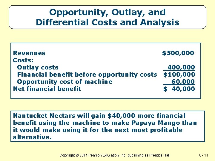 Opportunity, Outlay, and Differential Costs and Analysis Revenues $500, 000 Costs: Outlay costs 400, Opportunity, Outlay, and Differential Costs and Analysis Revenues $500, 000 Costs: Outlay costs 400,