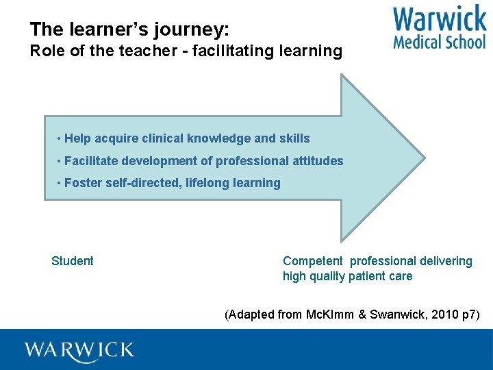 The learner’s journey: Role of the teacher - facilitating learning • Help acquire clinical