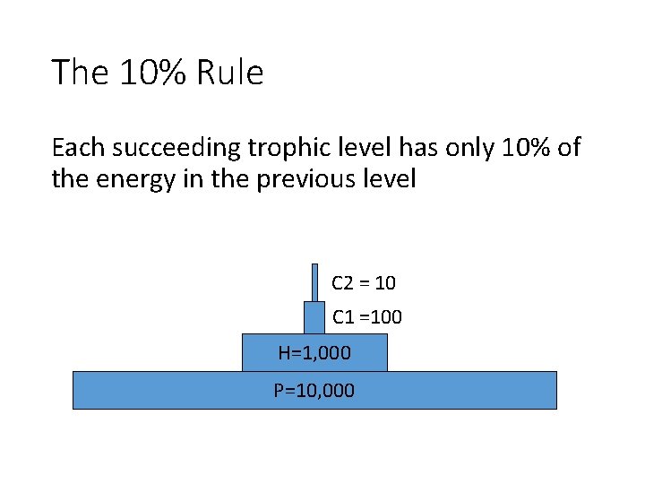 The 10% Rule Each succeeding trophic level has only 10% of the energy in